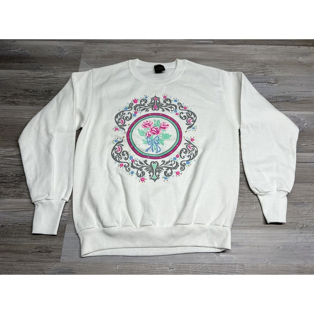 Vintage 3D Emblem White Grandma Core Sweatshirt Rose Graphic Print Sz M USA Made